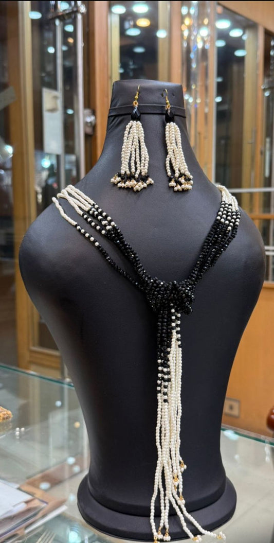 Chic Black & White Beaded Necklace with Matching Earrings - Timeless Glamour